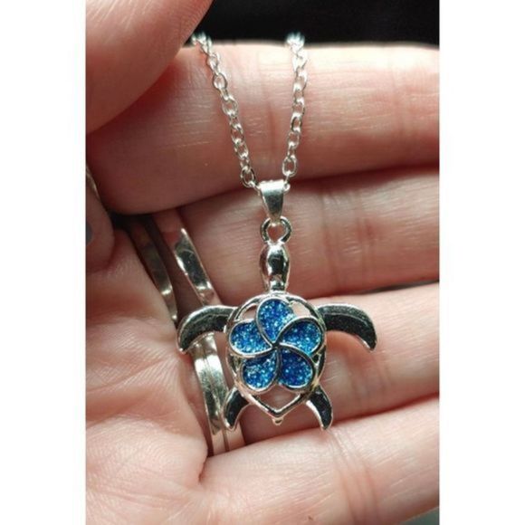 ADORABLE BLUE OPAL FLOWER SHELL SILVER SEA TURTLE NECKLACE - Picture 6 of 8